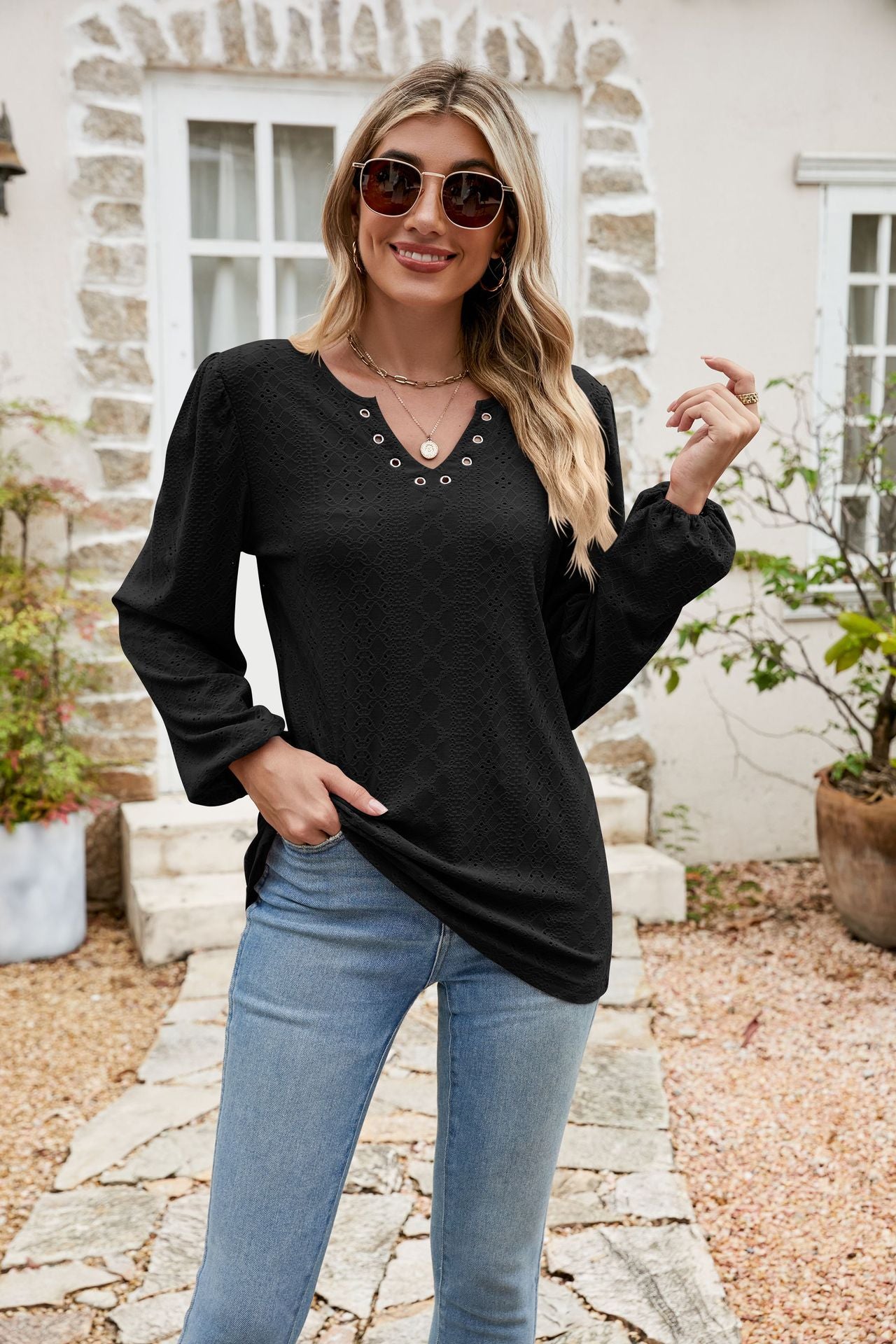 Eyelet Notched Neck Balloon Sleeve Blouse Black