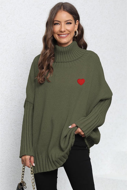 Turtle Neck Long Sleeve Ribbed Sweater Army Green One Size