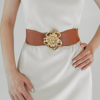 Flower Alloy Buckle Elastic Belt Caramel One Size