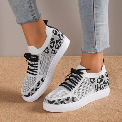 Lace-Up Leopard Flat Sneakers White