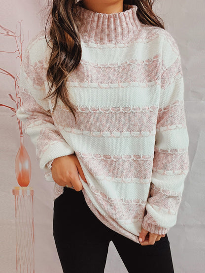 Striped Turtleneck Long Sleeve Sweater – Warm, Stylish Knit for Fall & Winter Dusty Pink