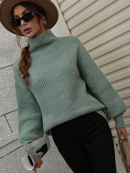 Woven Right High Neck Balloon Sleeve Rib-Knit Pullover Sweater Green