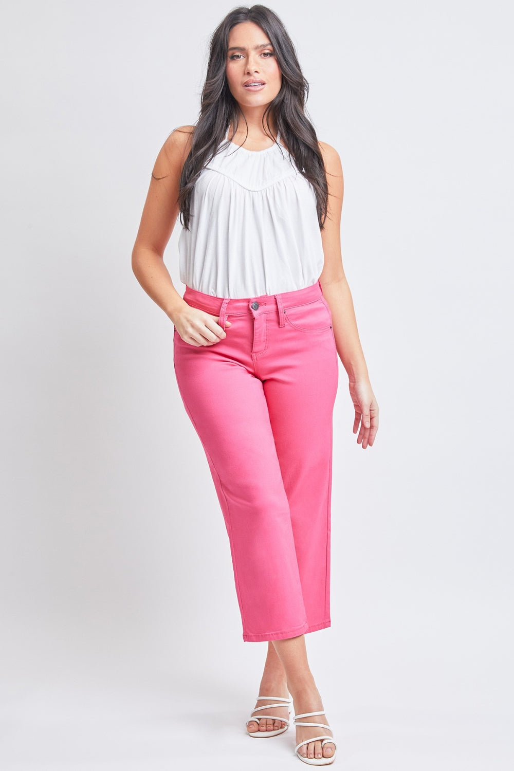YMI Jeanswear Full Size Mid-Rise Hyperstretch Cropped Straight Pants FieryCoral