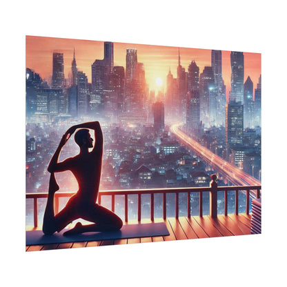 Yoga Poster, Cityscape Sunset Art, Rolled Wall Art, Pink Orange Skyline Decor, Urban Zen Meditation, Rooftop Exercise Print, Relaxation Gift