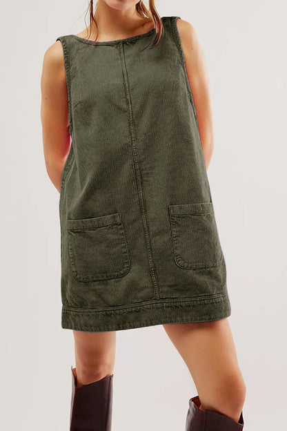 Round Neck Wide Strap Corduroy Mini Dress Army Green