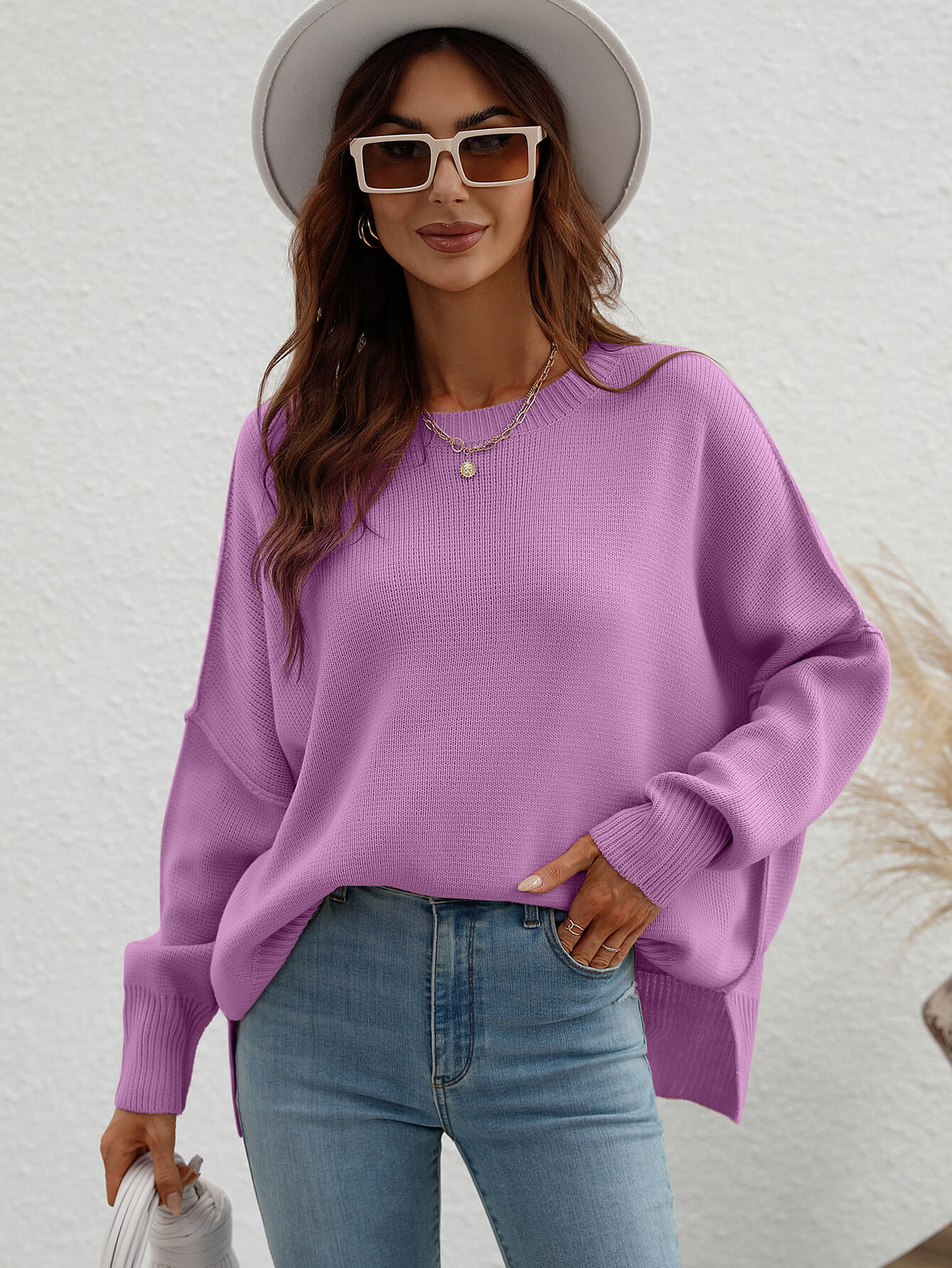 Exposed Seam Dropped Shoulder Slit Sweater Purple