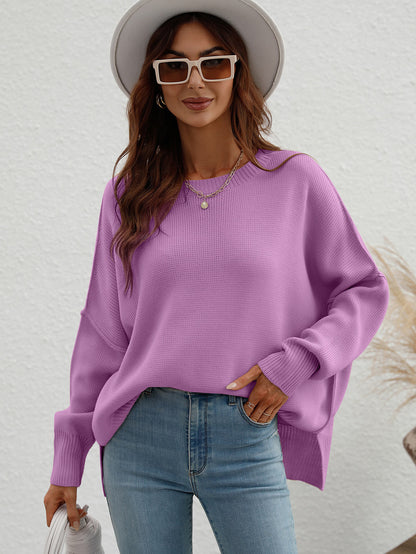 Exposed Seam Dropped Shoulder Slit Sweater Purple