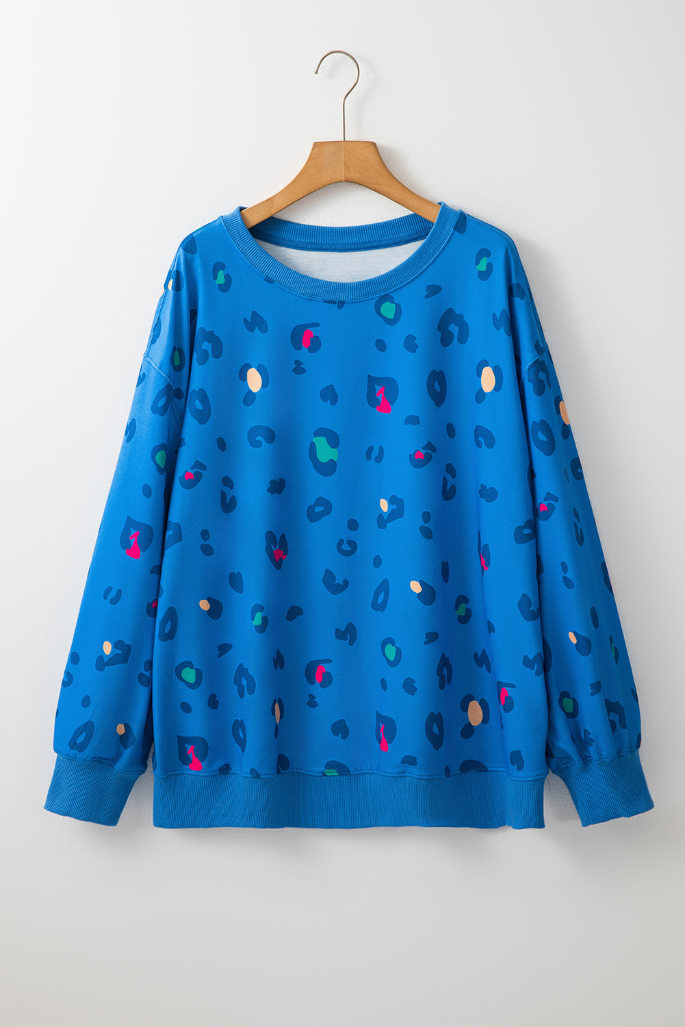 Sky Blue Plus Size Leopard Ribbed Edge Drop Shoulder Pullover Sweatshirt