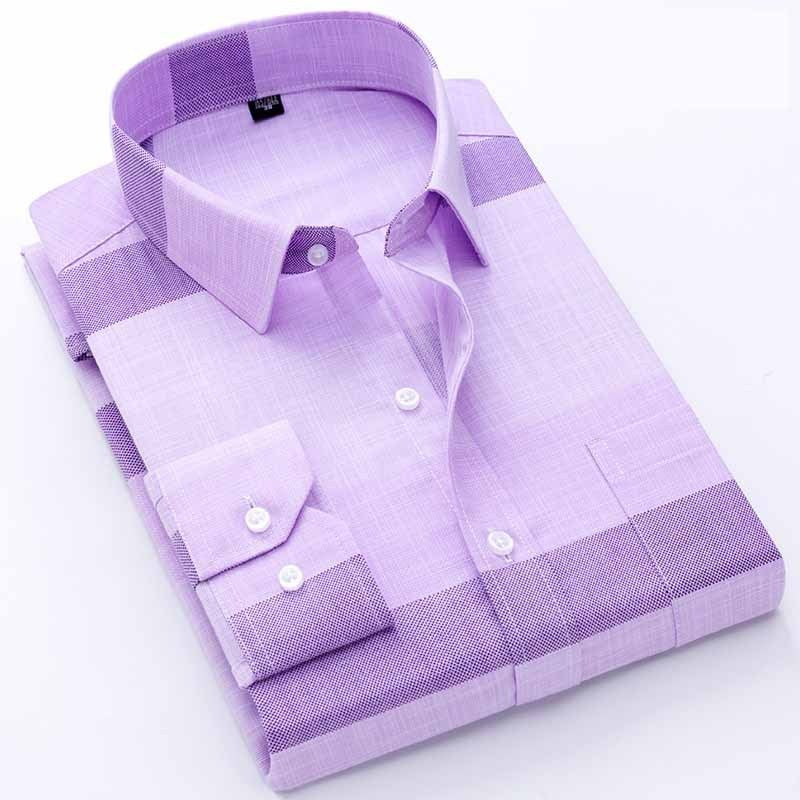 Men's Long-Sleeved Plaid Slub Cotton Shirt | Business Casual Shirt with Pocket Decoration Bamboo Joint Long Sleeved 8565