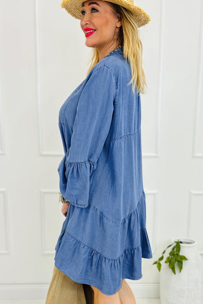 Notched Three-Quarter Sleeve Denim Dress