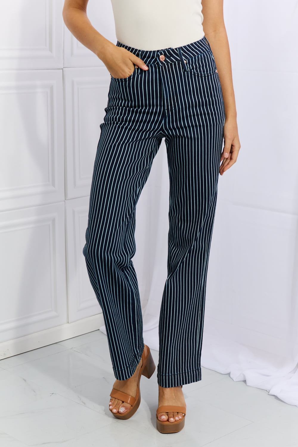 Judy Blue Cassidy Full Size High Waisted Tummy Control Striped Straight Jeans | Chic & Comfortable Denim