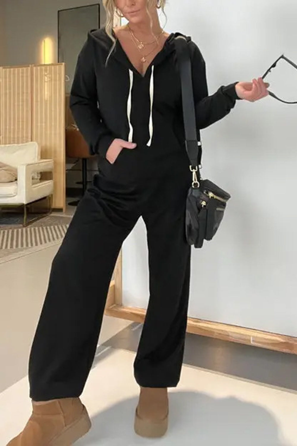 Full Size Drawstring Long Sleeve Jumpsuit Black