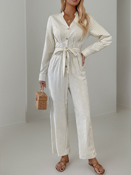 Striped Notched Long Sleeve Tie Waist Jumpsuit Beige