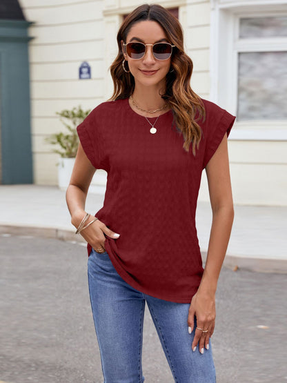 Textured Round Neck Cap Sleeve T-Shirt Wine