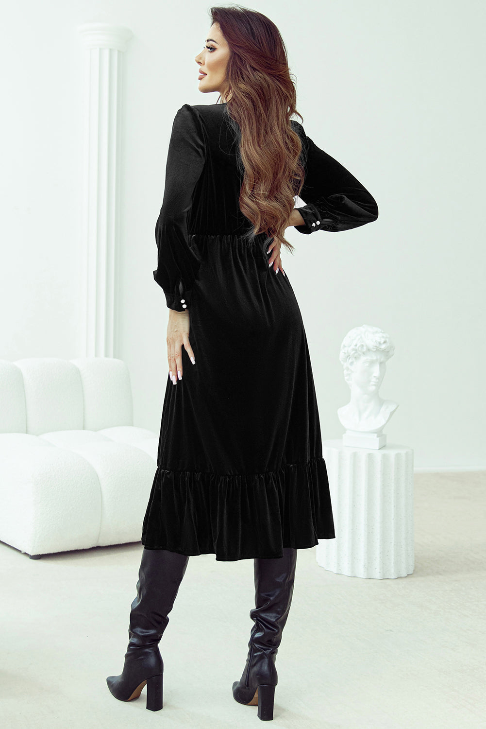 Black Velvet Buttoned Puff Sleeve V-Neck Split Midi Dress - Elegant & Sophisticated Women's Fashion