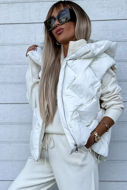 White Quilted Zipper Front Hooded Vest Coat