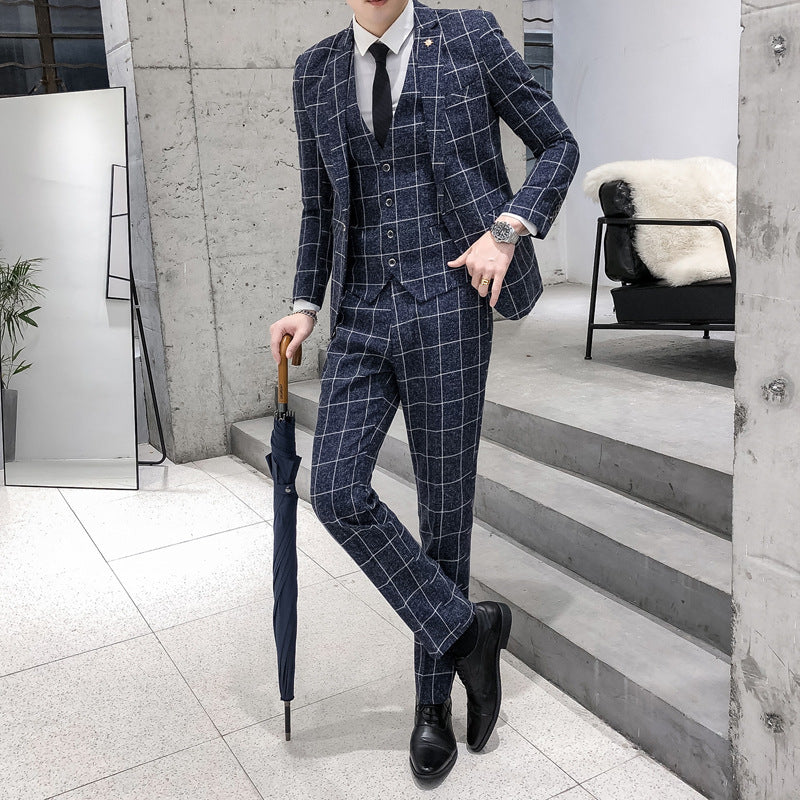 Slim Fit Suit Suit Men's Plaid Suit Three-piece Suit Navy Blue