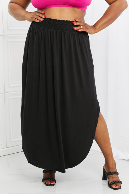 Zenana It's My Time Full Size Side Scoop Scrunch Skirt in Black Black