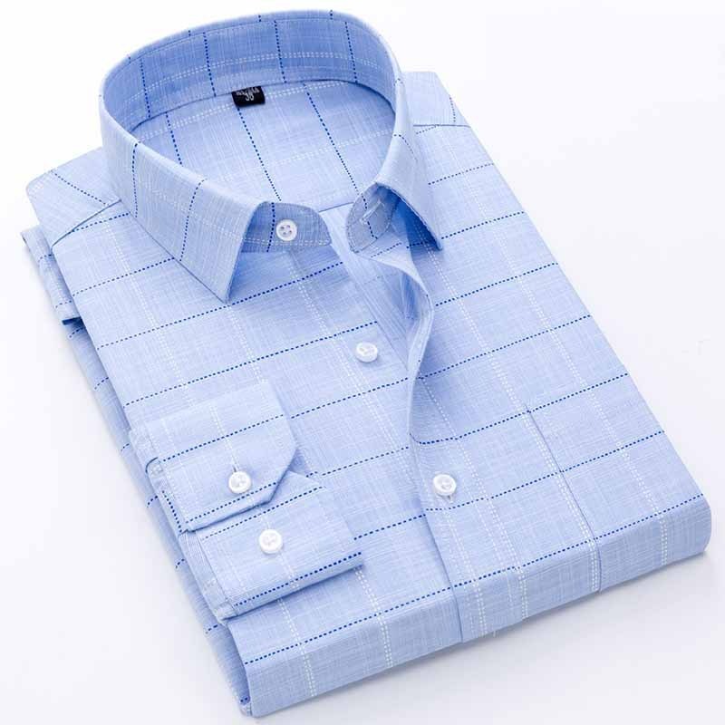 Men's Long-Sleeved Plaid Slub Cotton Shirt | Business Casual Shirt with Pocket Decoration Bamboo Joint Long Sleeved 8516