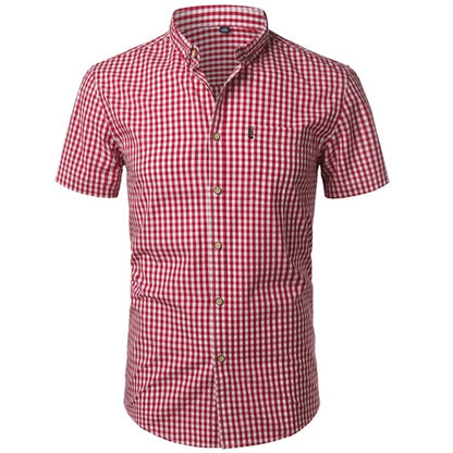 Men's Short Sleeve Small Plaid Shirt | Summer Casual Cotton-Blend Button-Down Dress Shirt Red