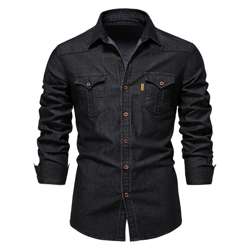 Men's Iron-Free Slim Fit Denim Shirt | US Size Casual Long Sleeve Solid Color Shirt Black