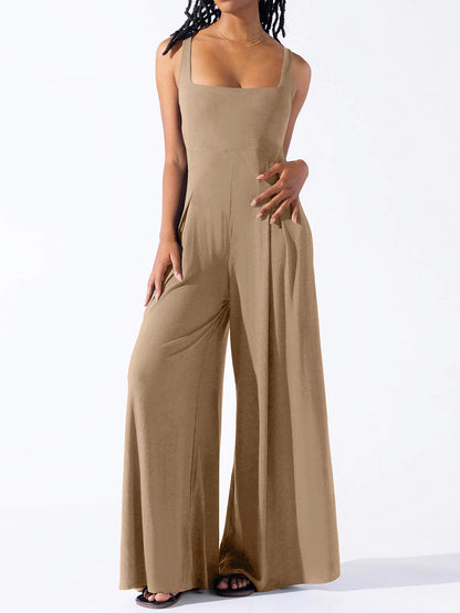 Square Neck Wide Strap Jumpsuit Camel