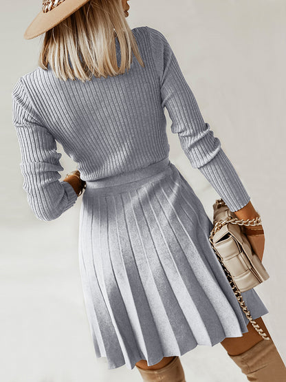 Surplice Neck Tie Front Pleated Sweater Dress with Moderate Stretch