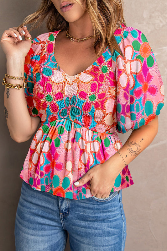 Printed V-Neck Babydoll Blouse Hot Pink