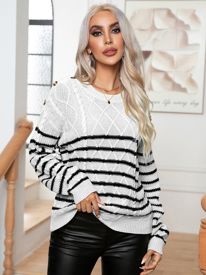 Striped Round Neck Cable-Knit Sweater White