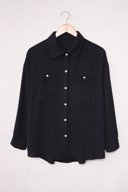 Button Up Collared Neck Long Sleeve Shirt Black