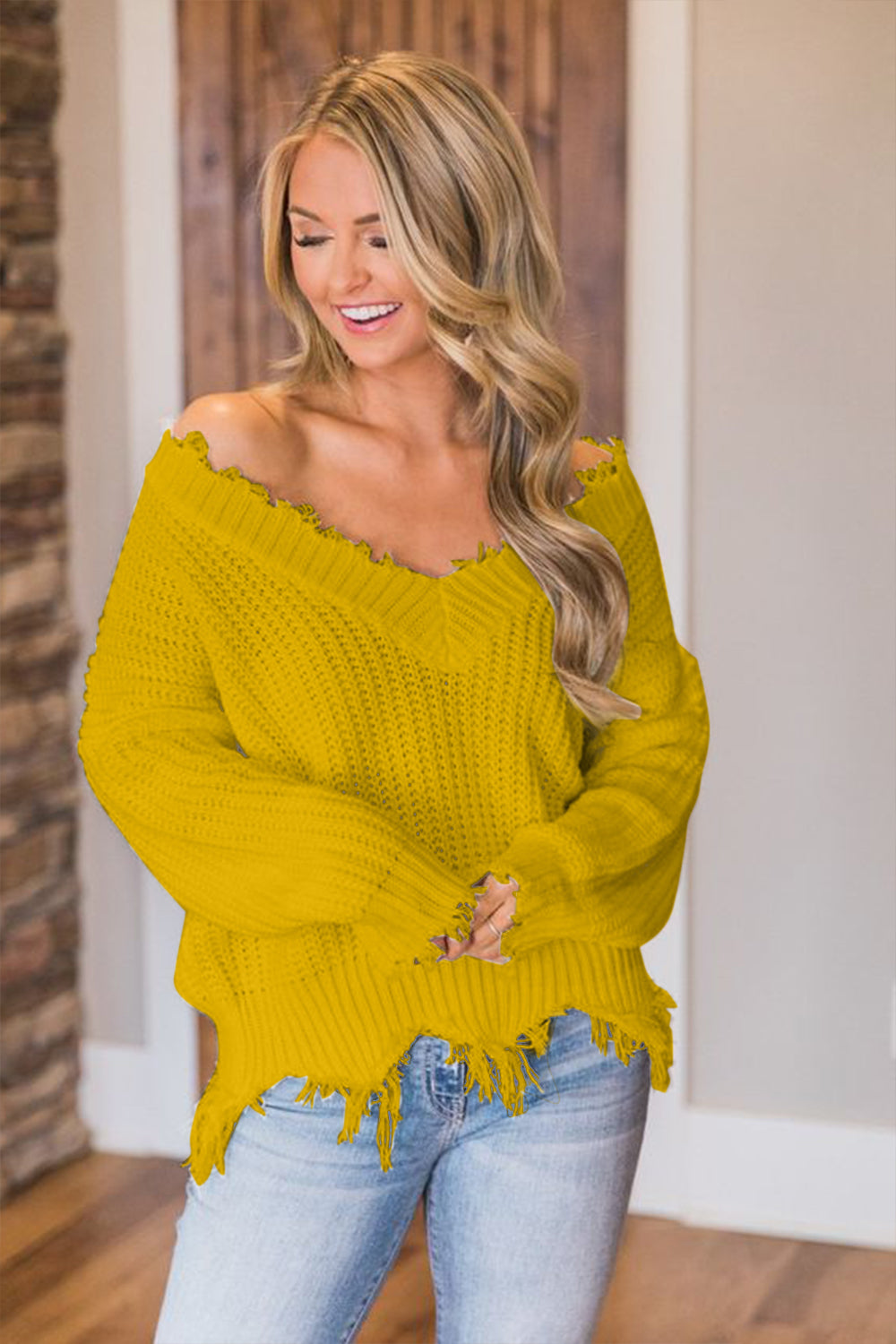 Frayed Hem Dropped Shoulder Sweater Chartreuse