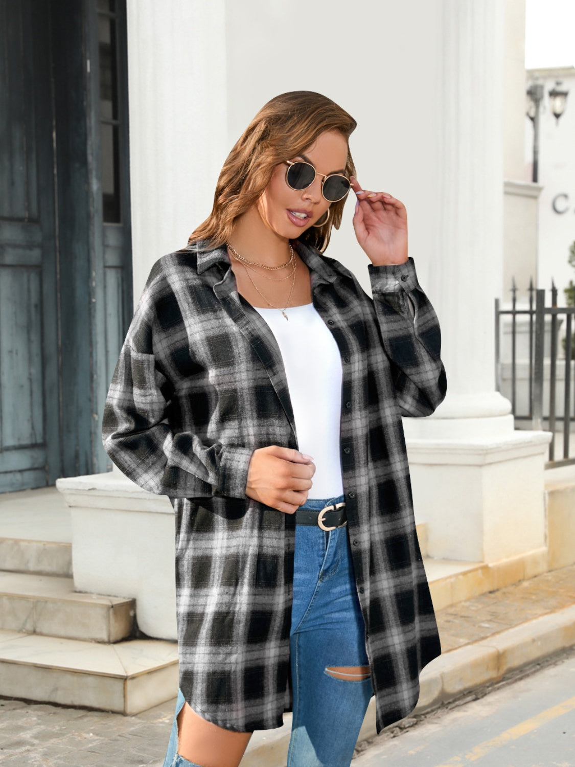 Plaid Button Up Dropped Shoulder Shirt - Thandynie
