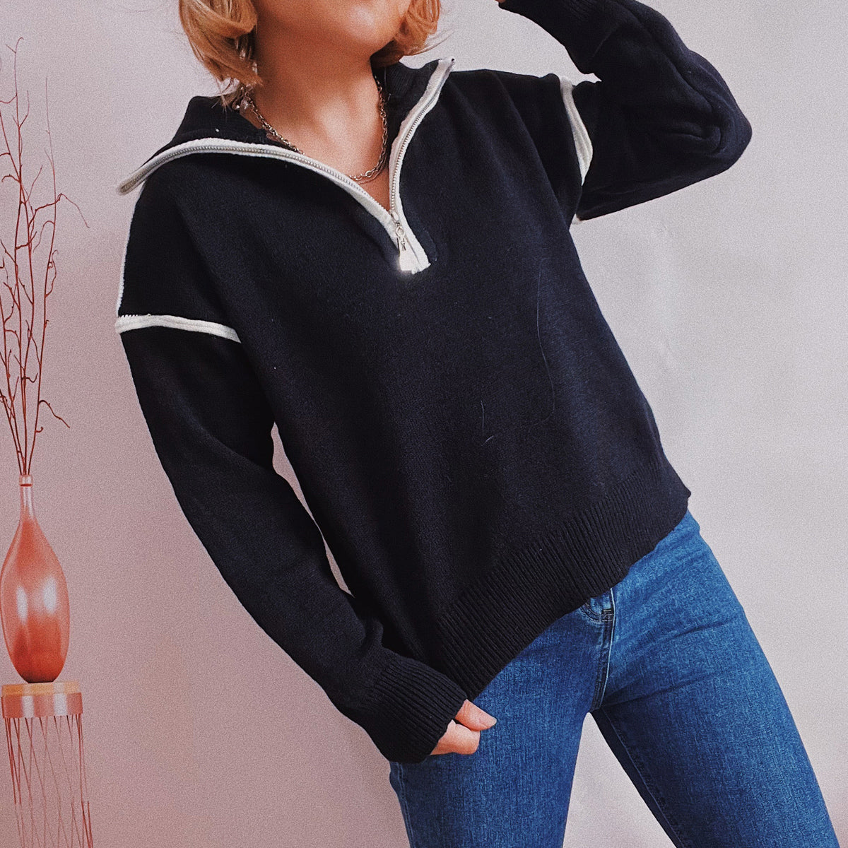 Exposed Seam Half Zip Sweater