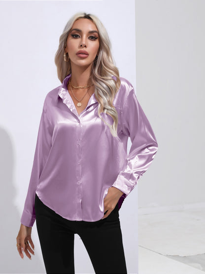 Collared Neck Buttoned Long Sleeve Shirt Pink Purple