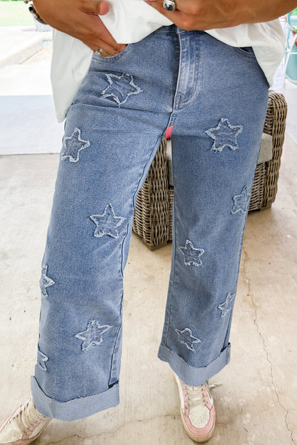 Dusk Blue Foiled Star Patchwork Straight Leg Loose Jeans Dusk Blue 71%Cotton+27.5%Polyester+1.5%Elastane