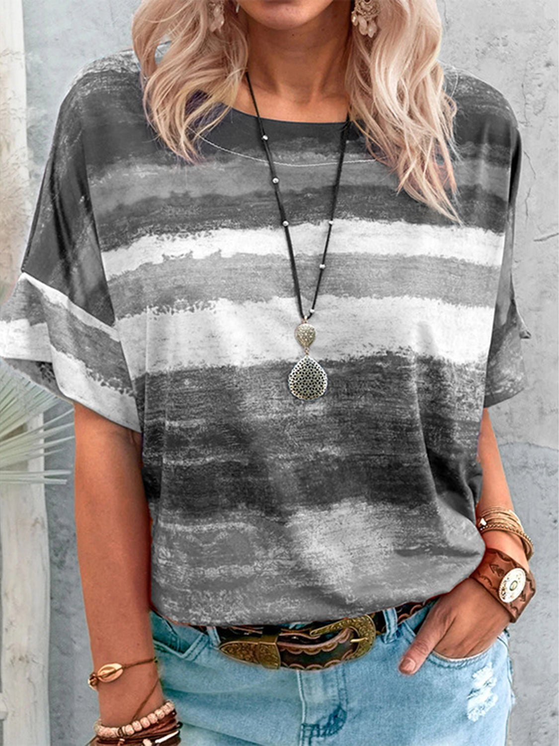 Full Size Color Block Round Neck Half Sleeve T-Shirt Dark Gray