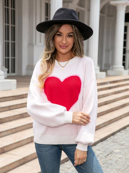 Heart Graphic Round Neck Sweater White