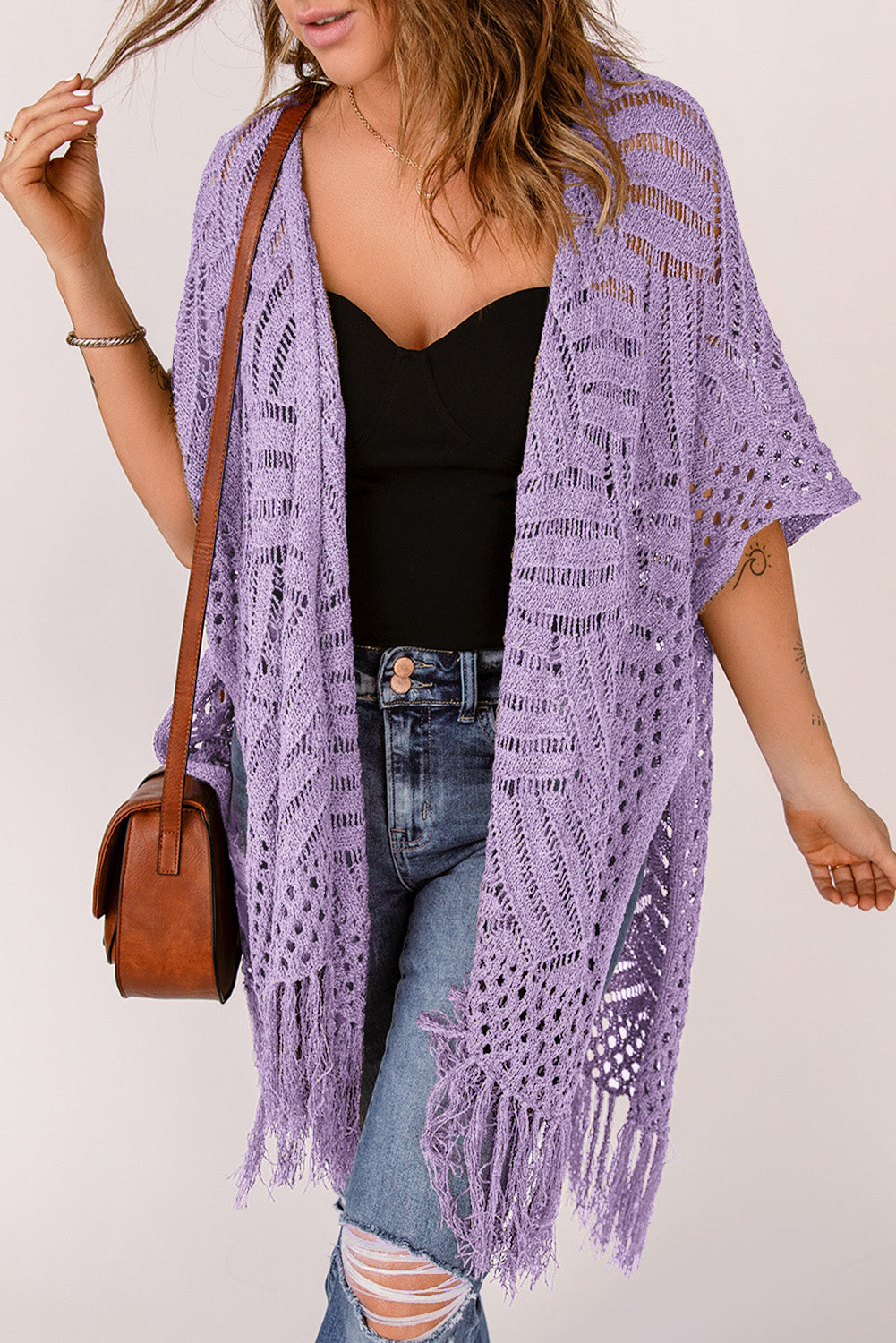 Openwork Open Front Cardigan with Fringes - Thandynie