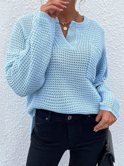 Notched Long Sleeve Sweater Pastel Blue