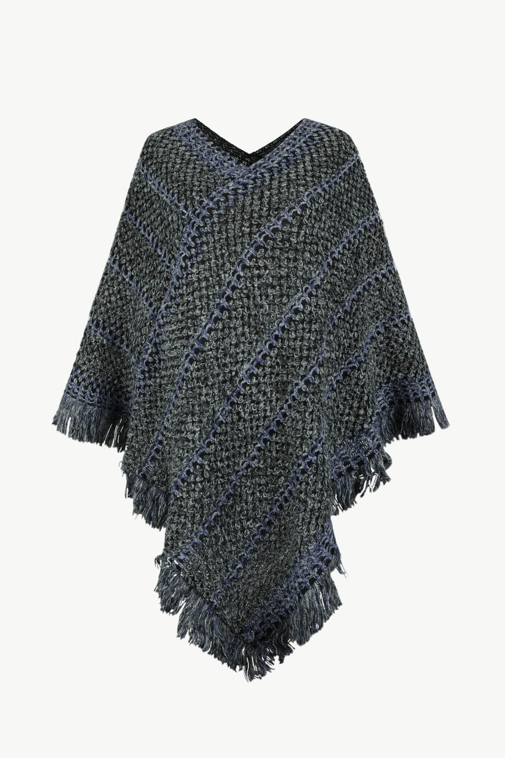 V-Neck Fringe Hem Poncho - Thandynie