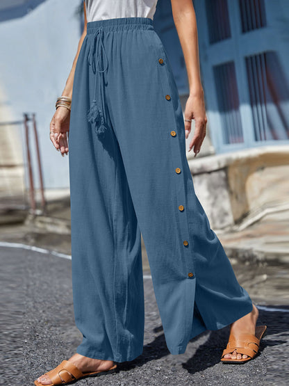 Full Size Tassel Wide Leg Pants Dusty Blue