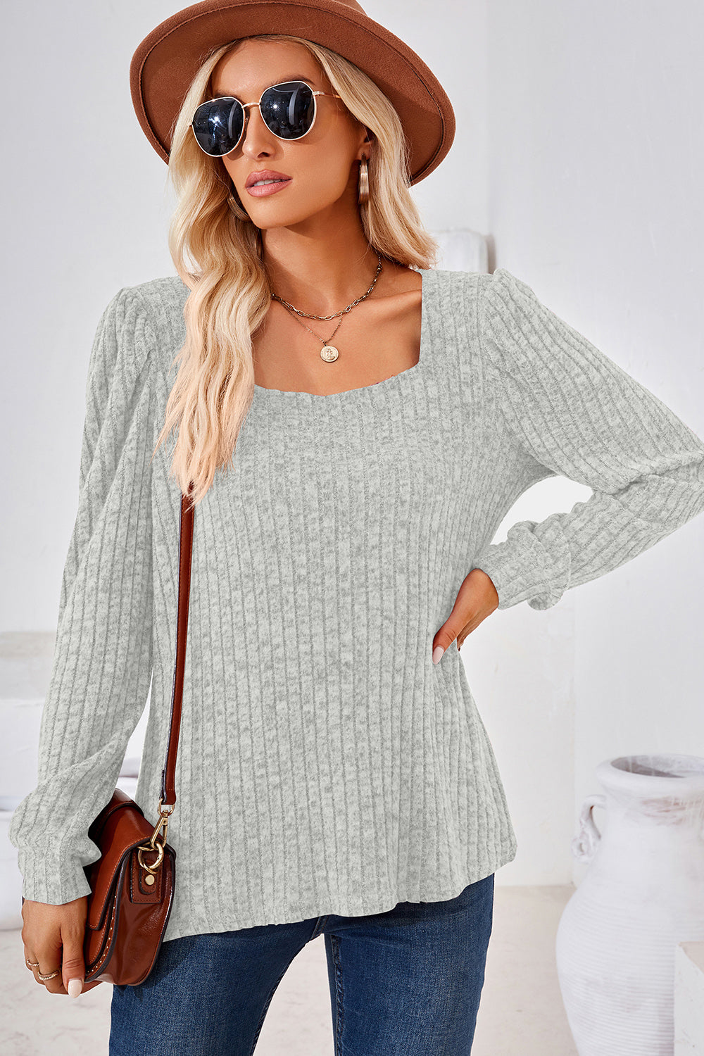 Ribbed Square Neck Long Sleeve T-Shirt Light Gray