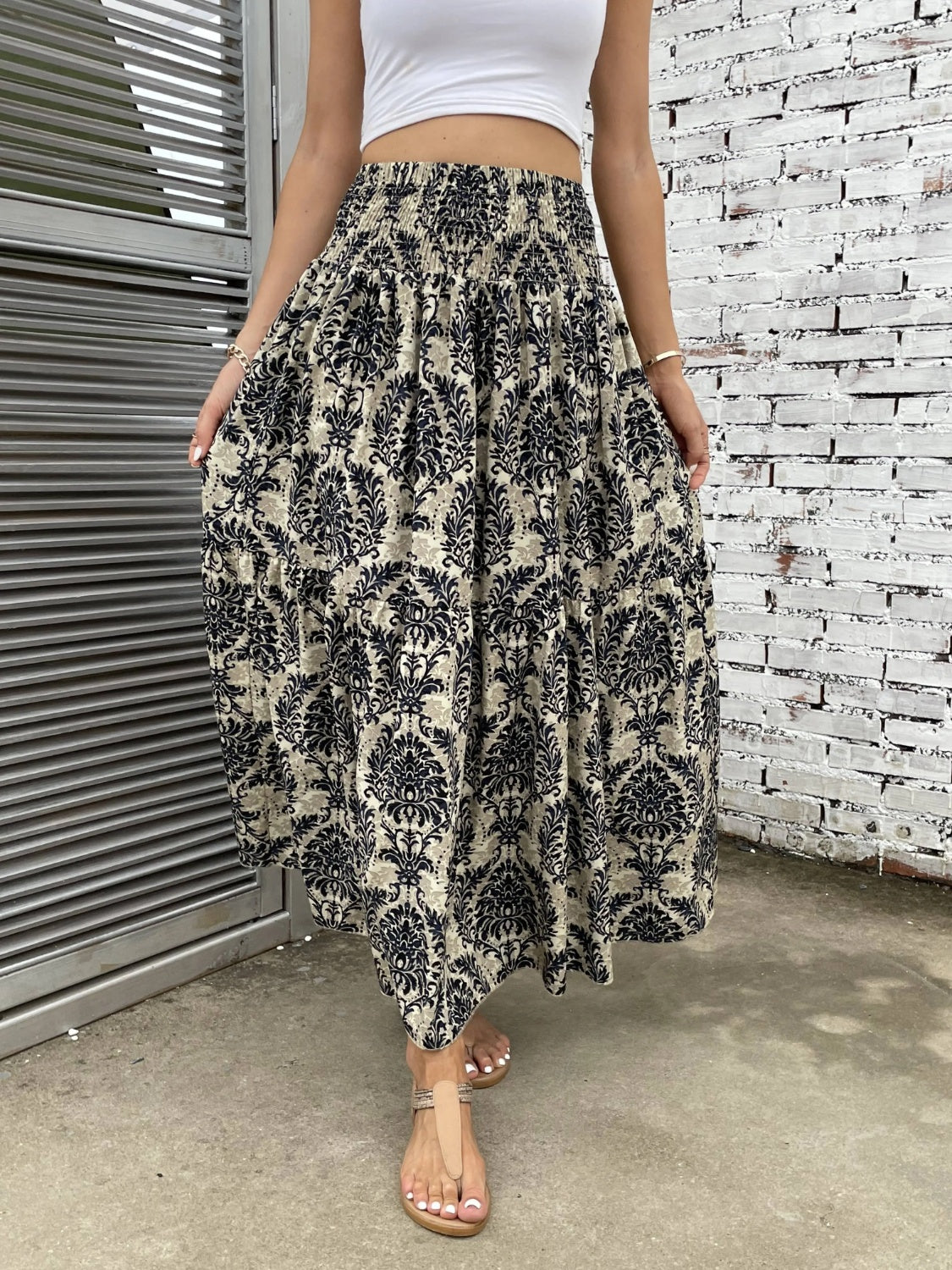 Printed Elastic Waist Maxi Skirt - Thandynie