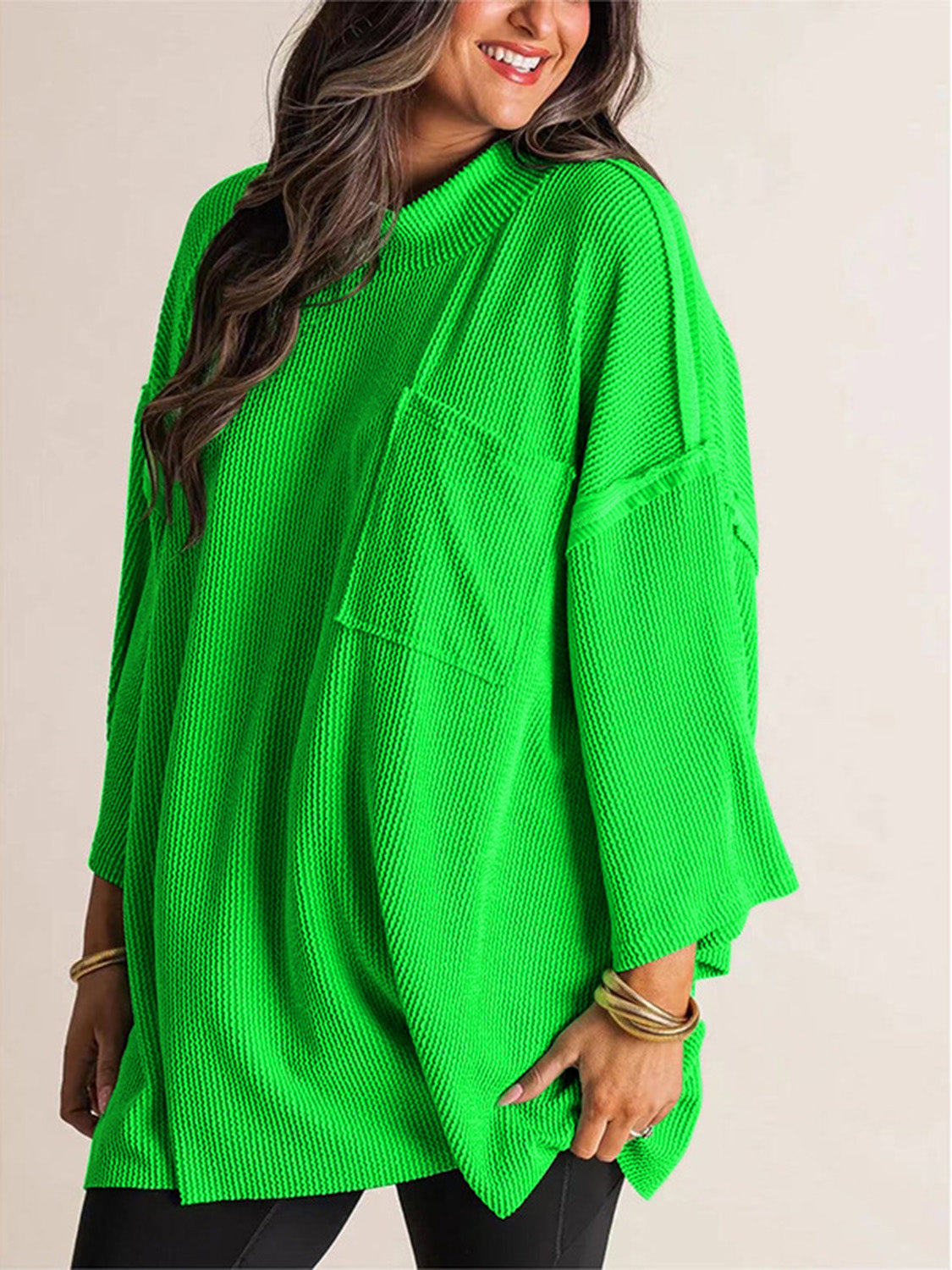 Mock Neck Dropped Shoulder T-Shirt Mid Green