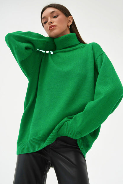 Turtle Neck Dropped Shoulder Sweater Mid Green