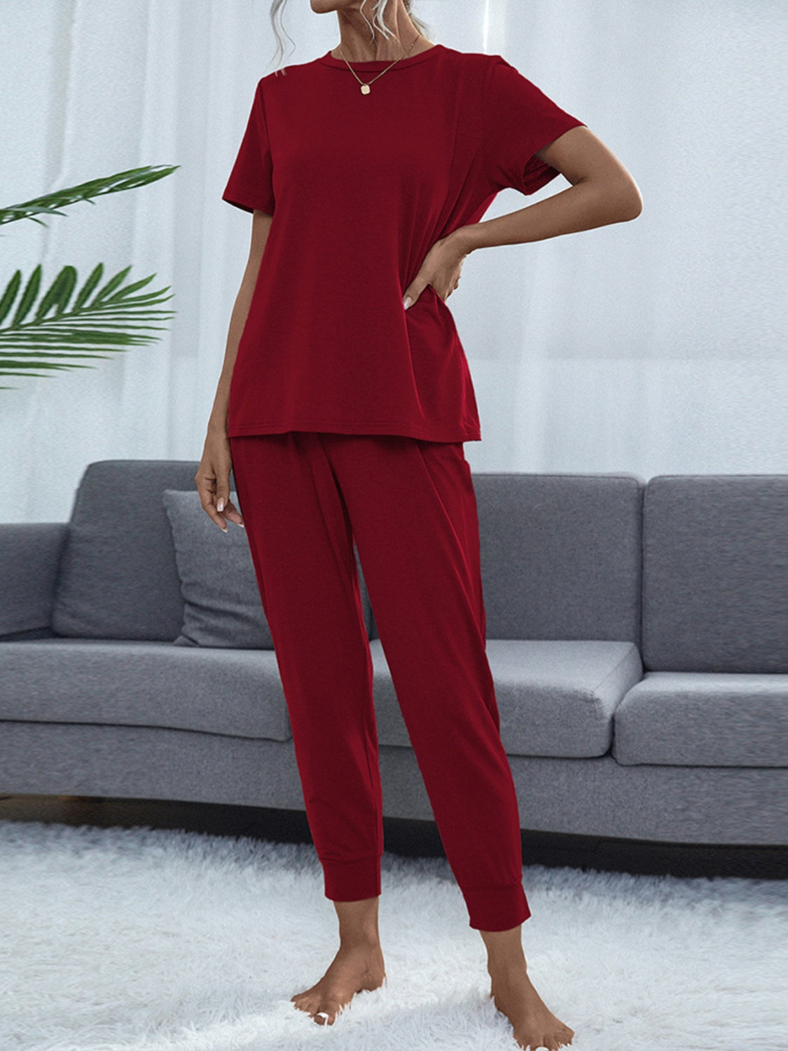 Shiny Round Neck Top and Pants Lounge Set Burgundy