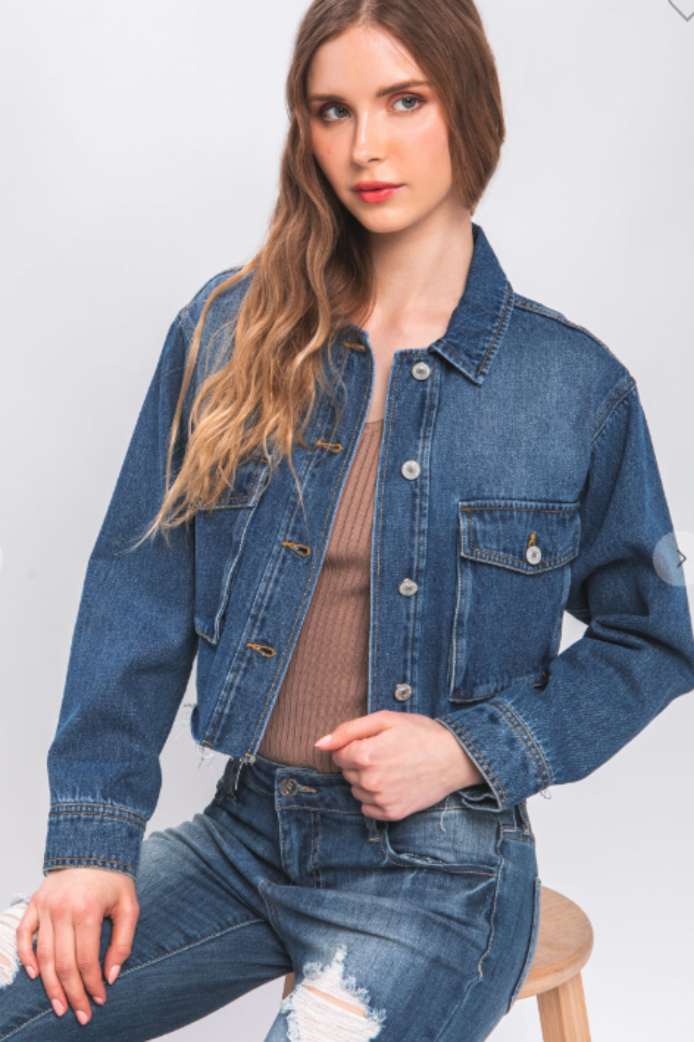 Love Tree Raw Hem Button Up Cropped Denim Jacket BLUE