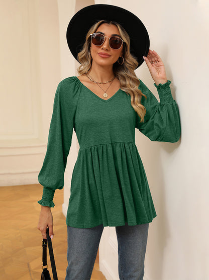 V-Neck Lantern Sleeve Blouse Mid Green