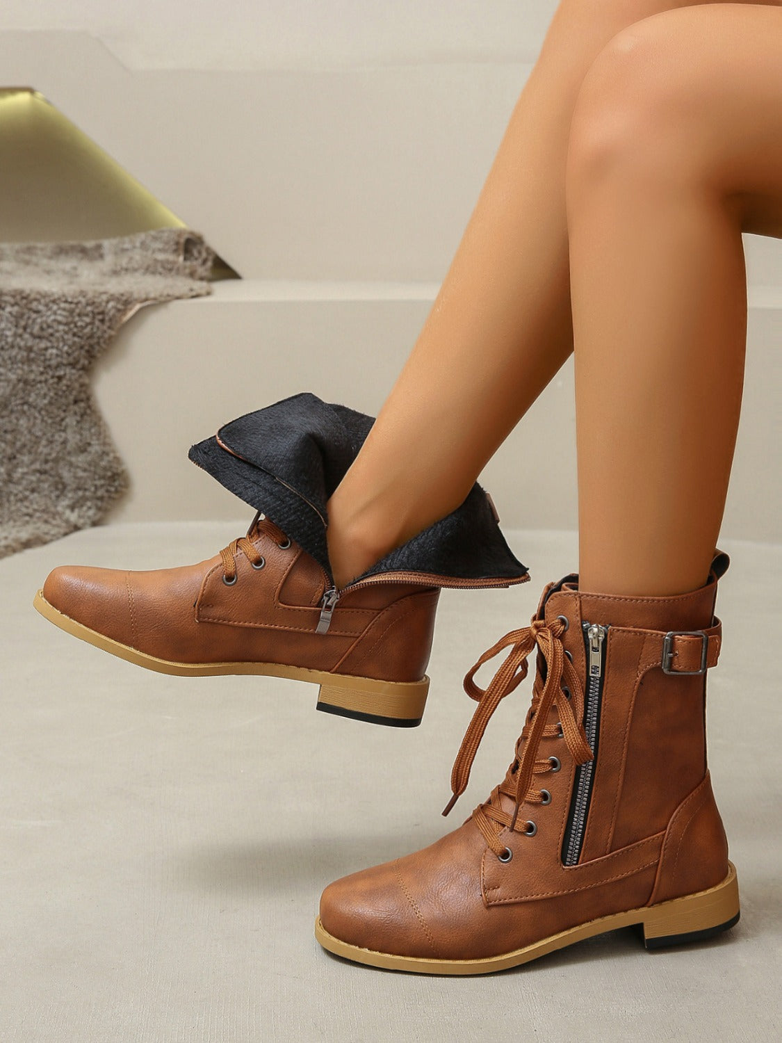 PU Leather Lace-Up Boots Caramel