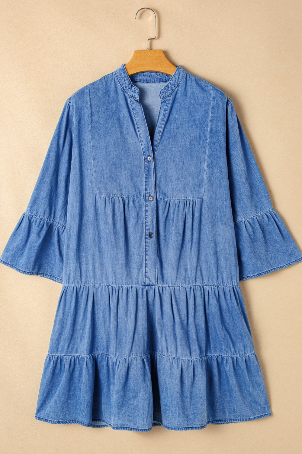 Notched Three-Quarter Sleeve Denim Dress